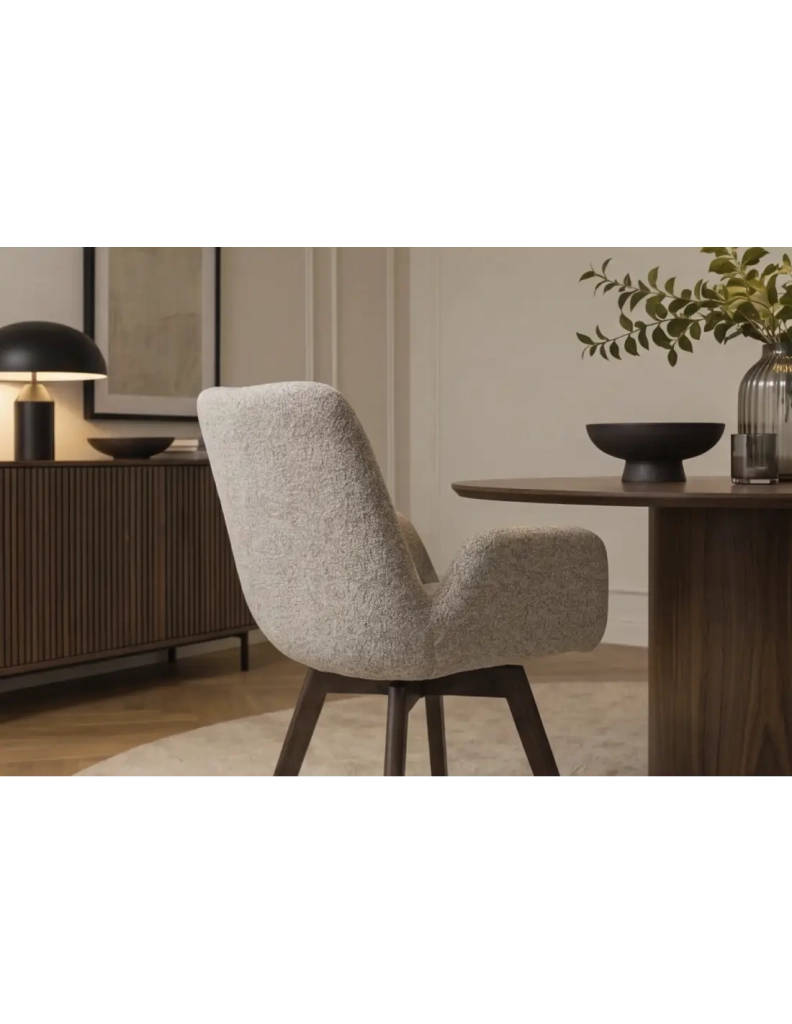 Set di 2 sedie design SORRANO girevoli a 360° in tessuto tweed taupe e piedi in rovere scuro