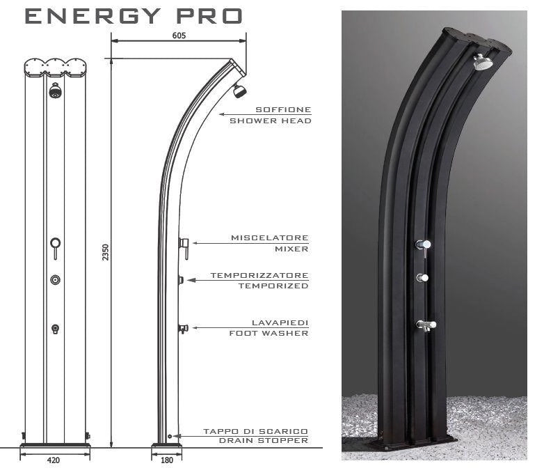 Doccia Solare Energy Pro 75Lt In Alluminio Con Pulsante Temporizzato E Lavapiedi  Colore Bianca Cv-A930/9001