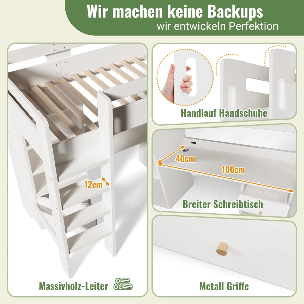 Letto a Soppalco 90x200 cm; Letto Singolo con USB; Type-C; Scrivania e Armadio - Bianco