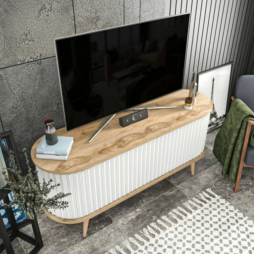 Mobile porta TV Bailu, Credenza da soggiorno, Armadio basso per TV, Base parete attrezzata, 140x43h64 cm, Quercia e Bianco