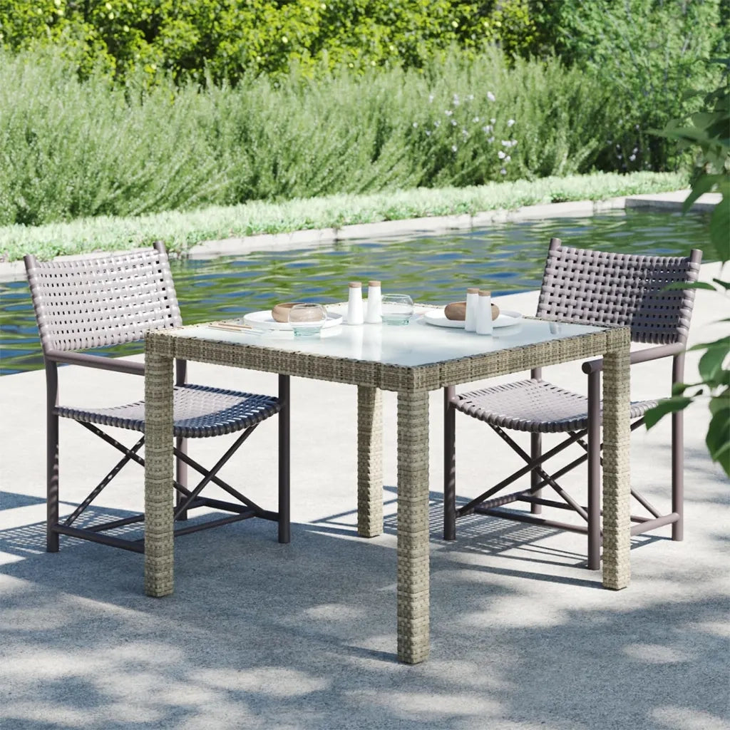 Tavolo Giardino | Tavolino da esterno 90x90x75cm Vetro Temperato e Polyrattan Grigio