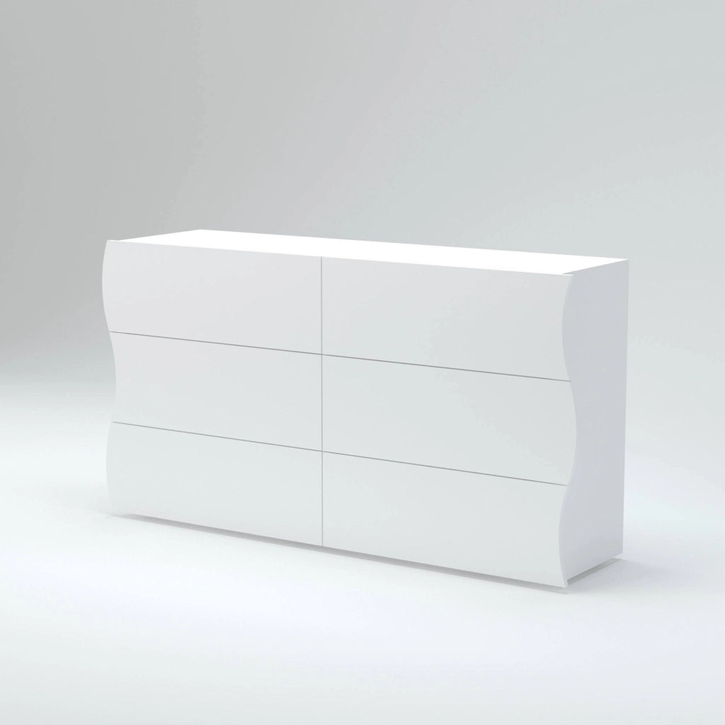 ComÒ² Aton, Made in Italy, Mobiletto per Soggiorno e Camera, Credenza 6 cassetti, Bianco lucido, cm 155x40h82
