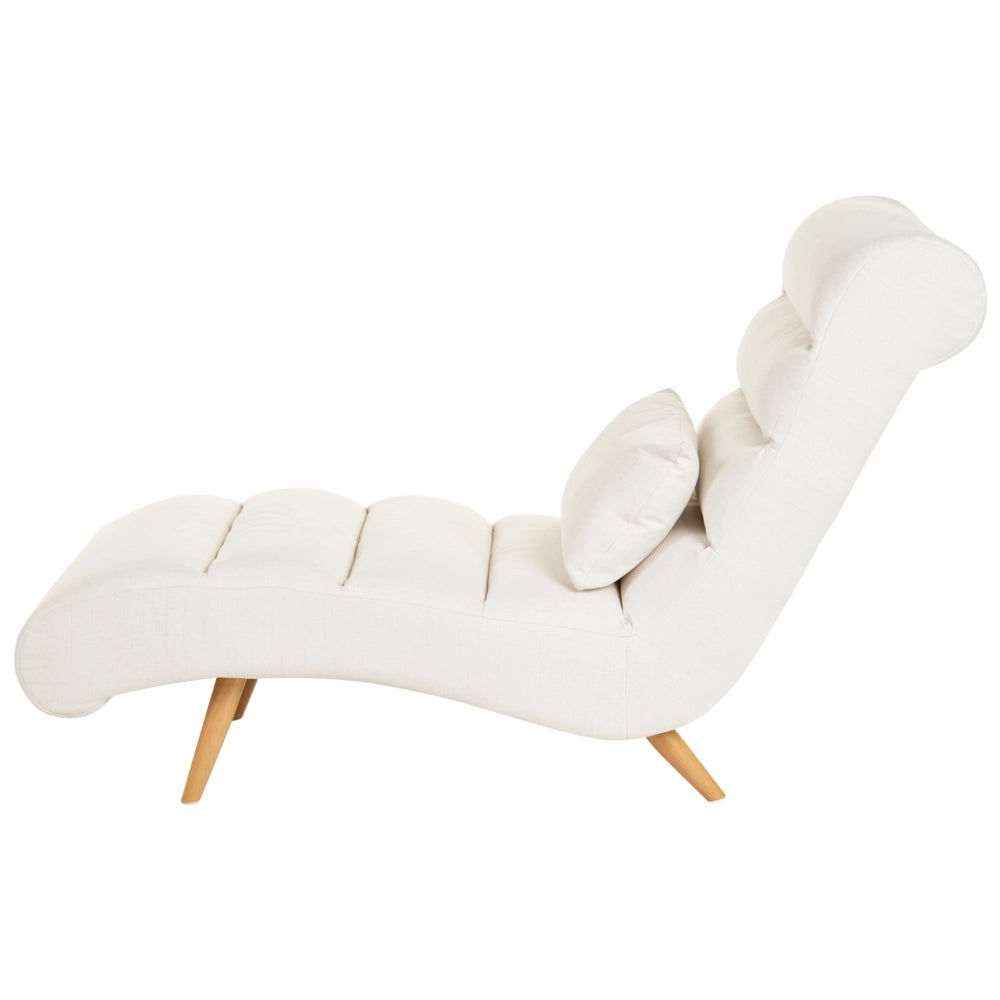 Chaise longue in tessuto bianco sporco per soggiorno, per il relax, con gambe effetto legno, stile scandinavo moderno