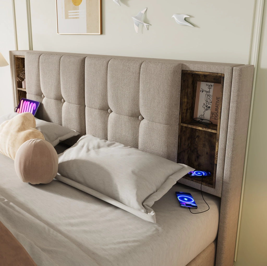 Letto contenitore 140x200 cm con ricarica wireless; USB e USB-C; in lino naturale con materasso
