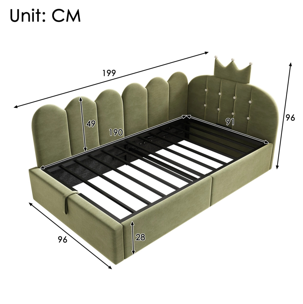 Letto daybed 90x190 cm in velluto verde con contenitore idraulico