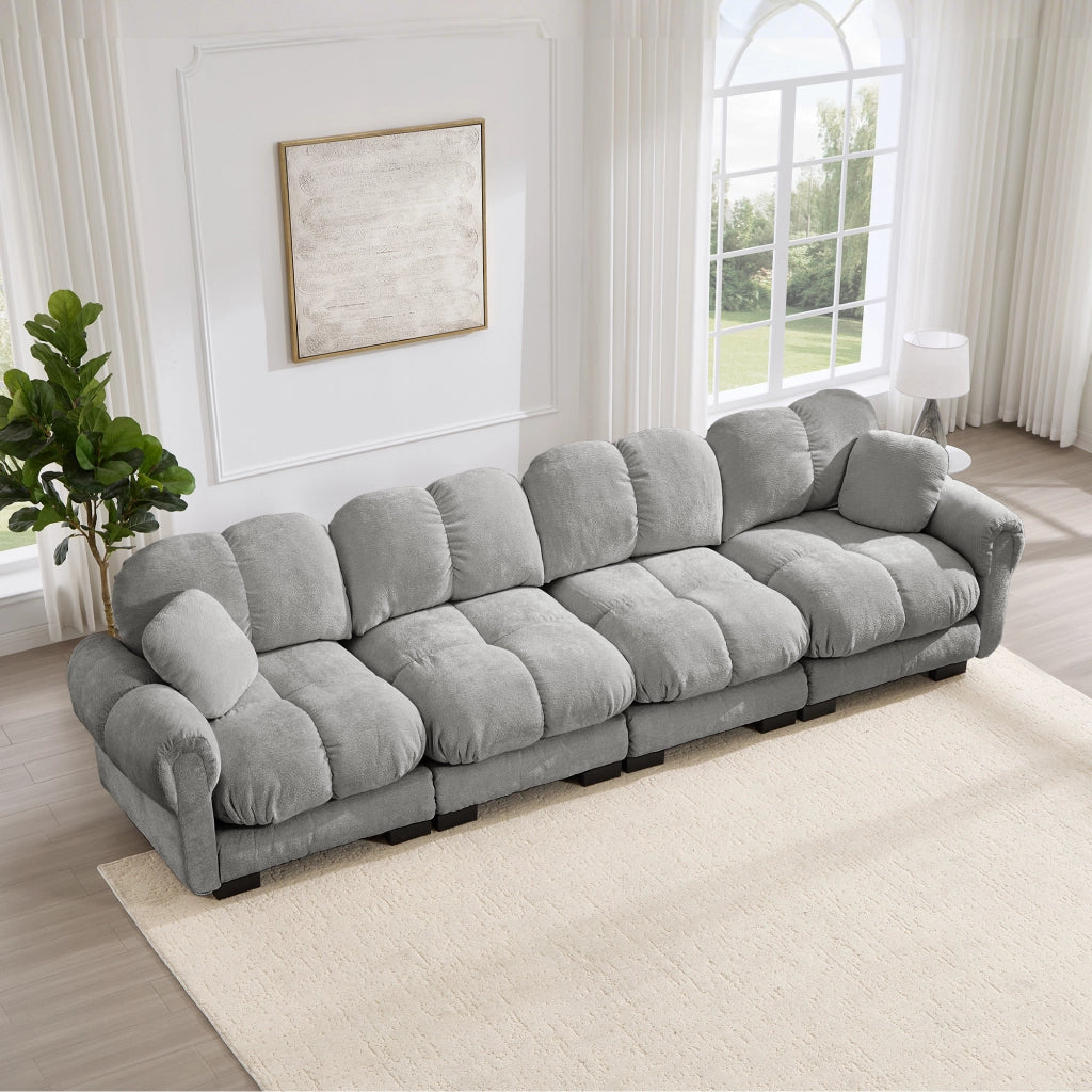 Divano Modulare con Cuscini di Seduta Trapuntati e Cuscino Mobile, in Chenille, Grigio Chiaro