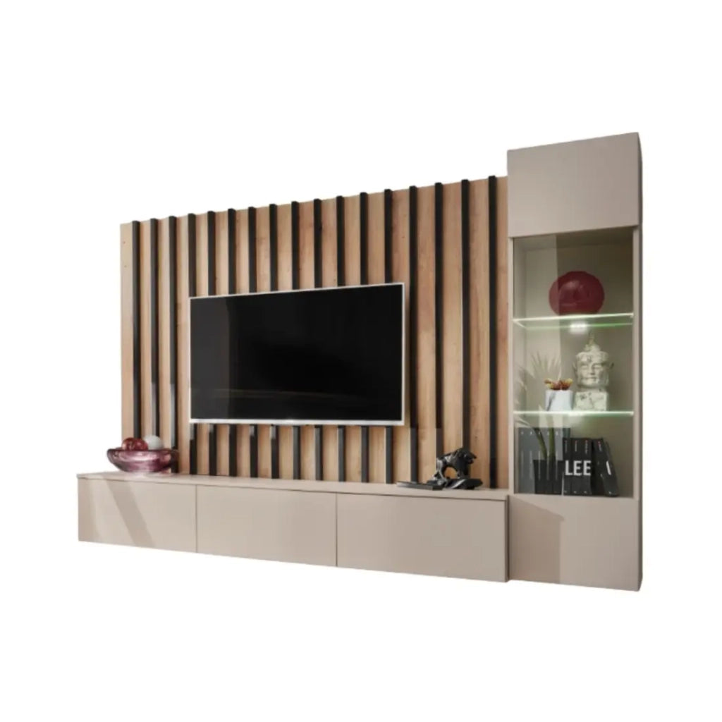 Composizione murale TASHYA – Mobile TV, vetrina sospesa e pannello murale – Rovere Artigiano e bianco sabbia
