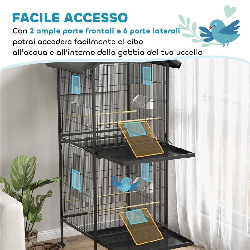 VOLIERA PER UCCELLI A ROTELLE CON VASSOI ESTRAIBILI IN PLASTICA E POSATOI, IN METALLO, 71.8X71.8X170.2 CM, NERO