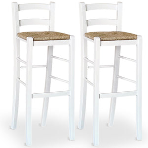 Coppia di sgabelli alti 80 cm in legno bianco con schienale e seduta in paglia