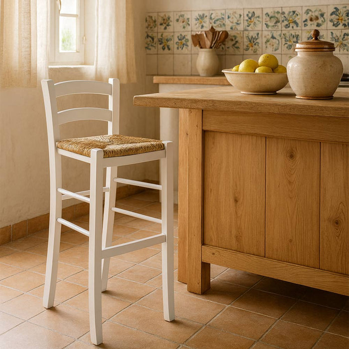 Sgabello alto da bar in legno bianco con seduta in paglia h 80 cm
