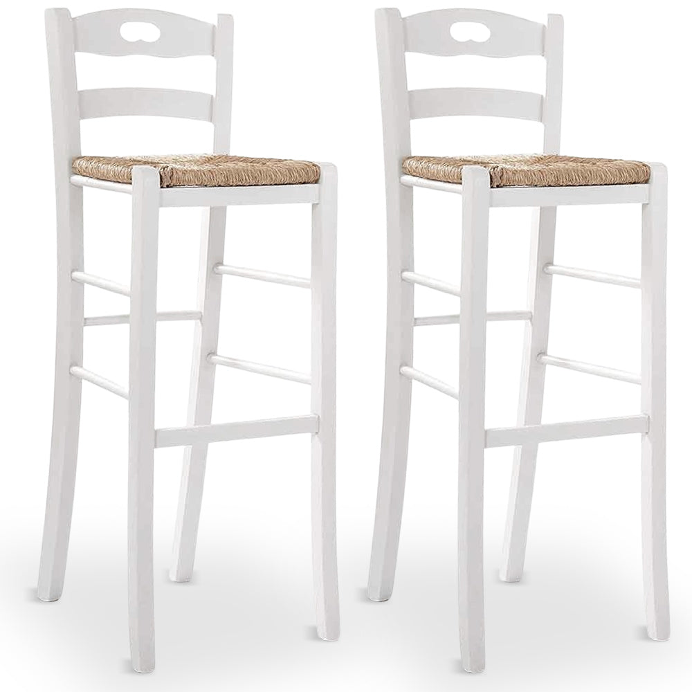 Coppia di sgabelli da bar alti 80 cm in legno bianco con manico seduta in paglia