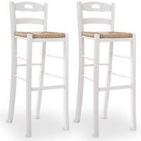 Coppia di sgabelli da bar alti 80 cm in legno bianco con manico seduta in paglia