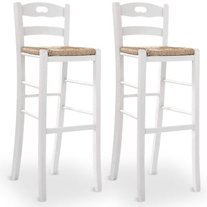 Coppia di sgabelli da bar alti 80 cm in legno bianco con manico seduta in paglia