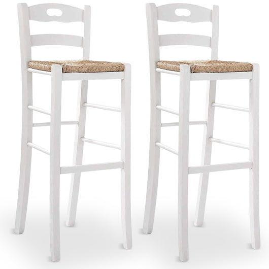 Coppia di sgabelli da bar alti 80 cm in legno bianco con manico seduta in paglia
