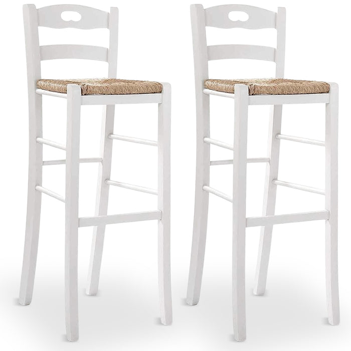Coppia di sgabelli da bar alti 80 cm in legno bianco con manico seduta in paglia