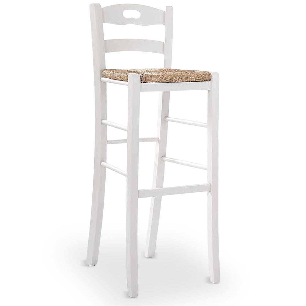 Coppia di sgabelli da bar alti 80 cm in legno bianco con manico seduta in paglia