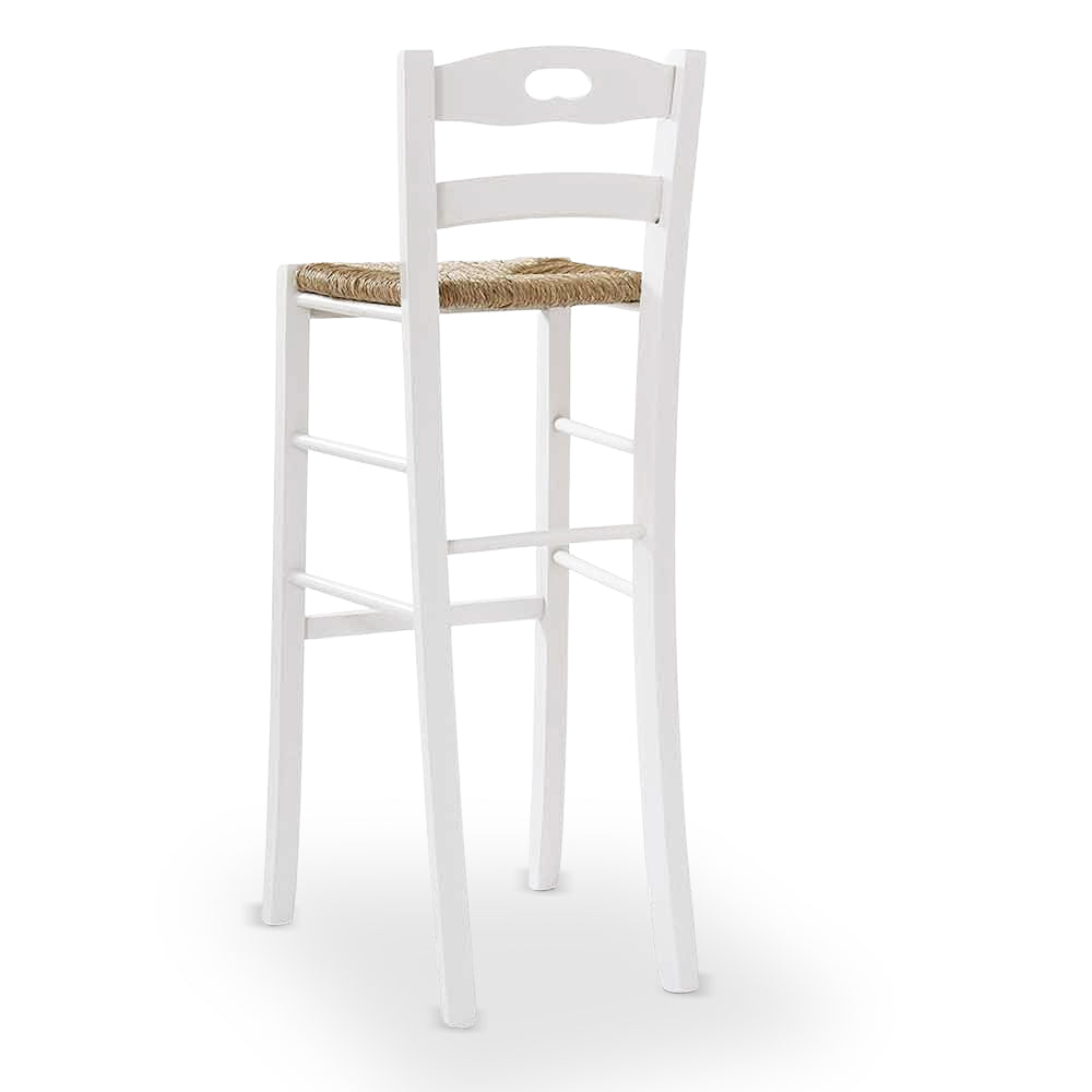 Coppia di sgabelli da bar alti 80 cm in legno bianco con manico seduta in paglia