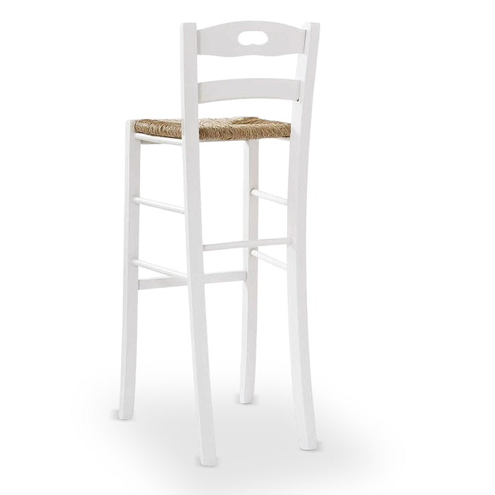 Coppia di sgabelli da bar alti 80 cm in legno bianco con manico seduta in paglia