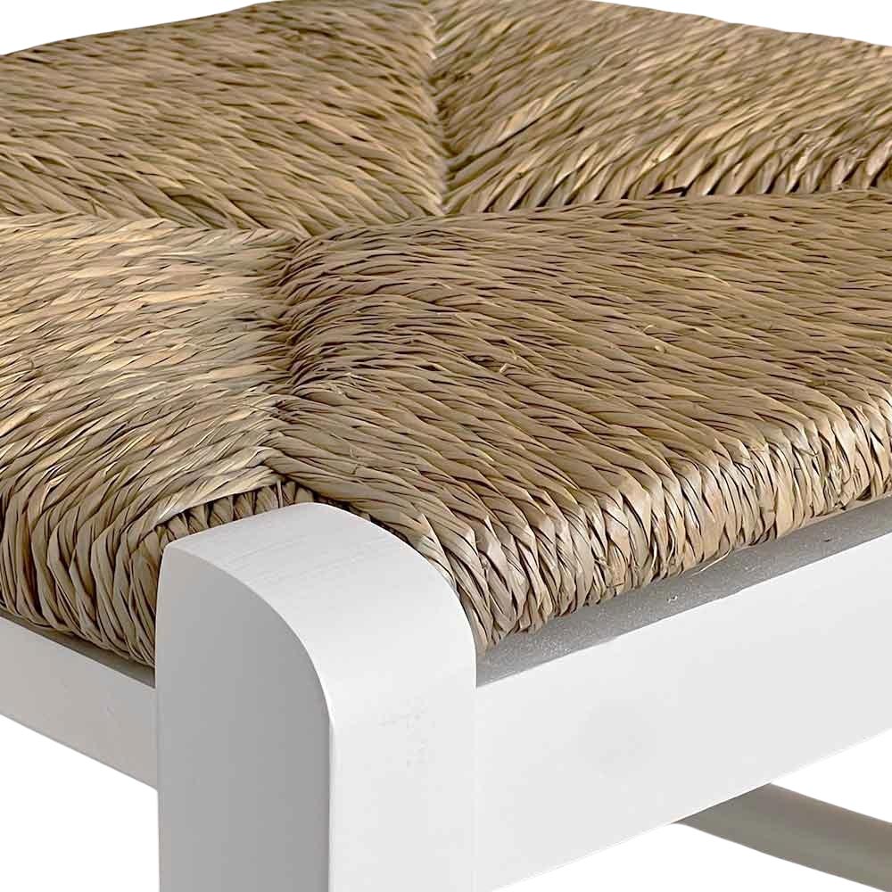 Sgabello da bar alto 80 cm in legno bianco con manico e seduta in paglia