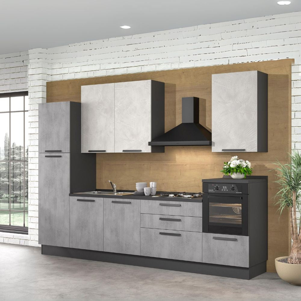 Cucina Sinki reversibile 330x216/240 H con cassa colore antracite basi ossido e pensili spatolato con lavastoviglie