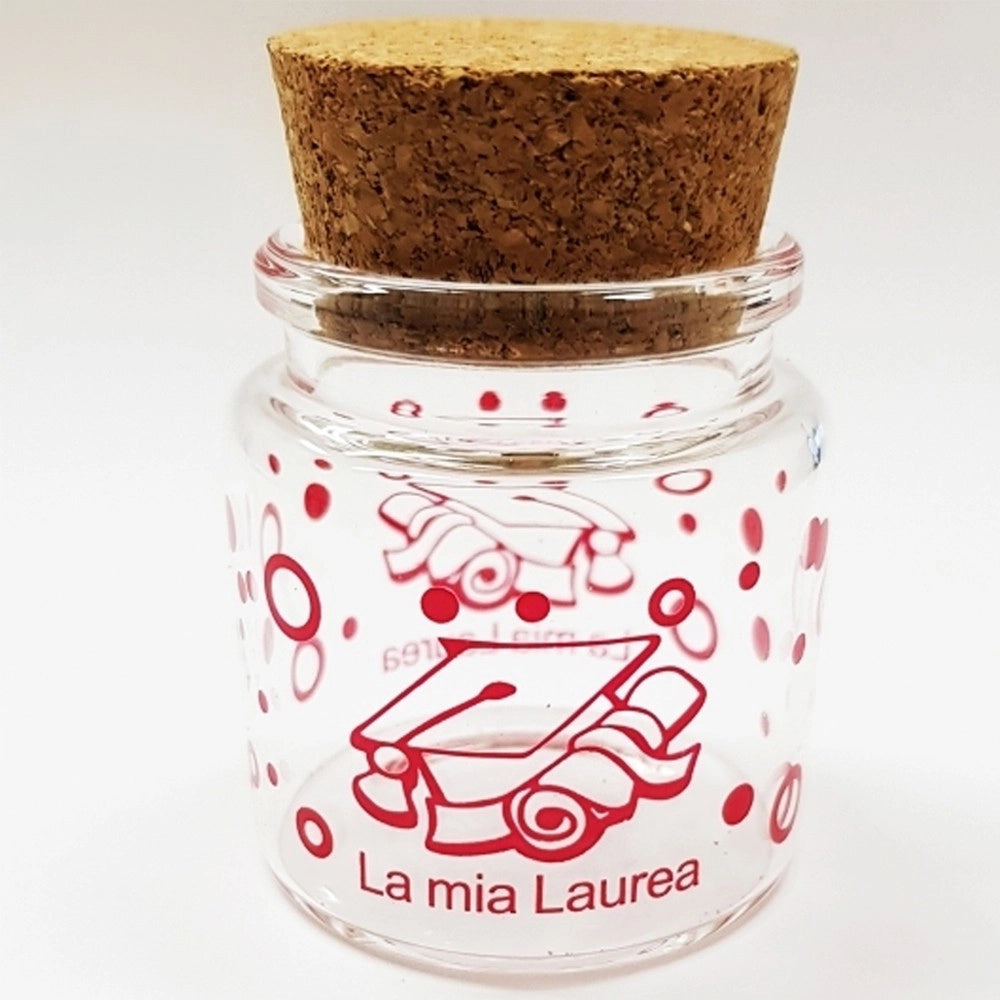 Trade Shop - Bomboniera Ampolla Laurea 5x5cm Vetro Tappo Sughero Cappello Rosso Portaconfetti -