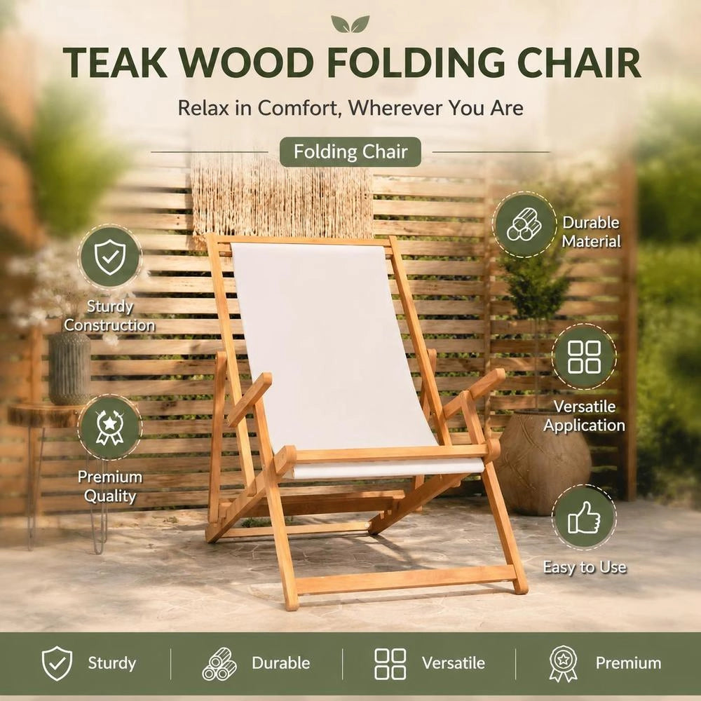 Folding Beach Chair, Solid Teak Wood, Cream