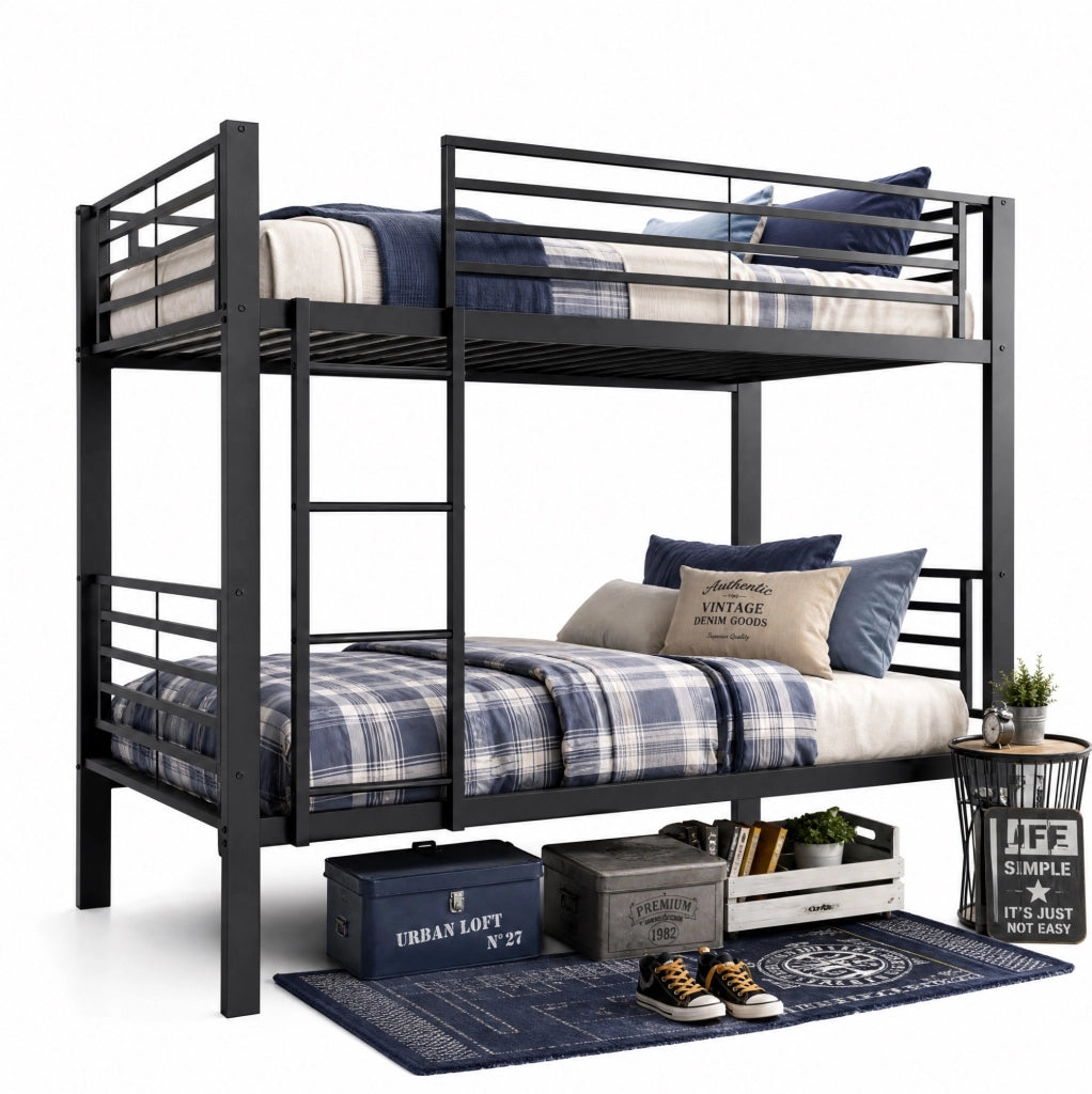 Letto a castello in metallo nero con scala reversibile e struttura silenziosa