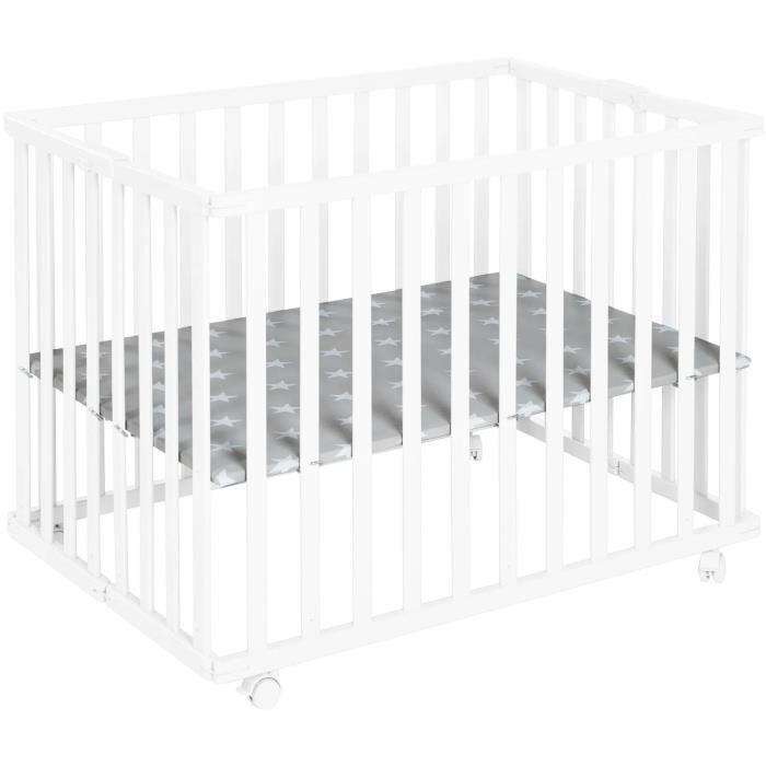 Box pieghevole per bambini - ROBA - LITTLE STARS - 75 x 100 cm - Altezza regolabile - 4 ruote frenate - Legno laccato bianco - Motivo a stelle