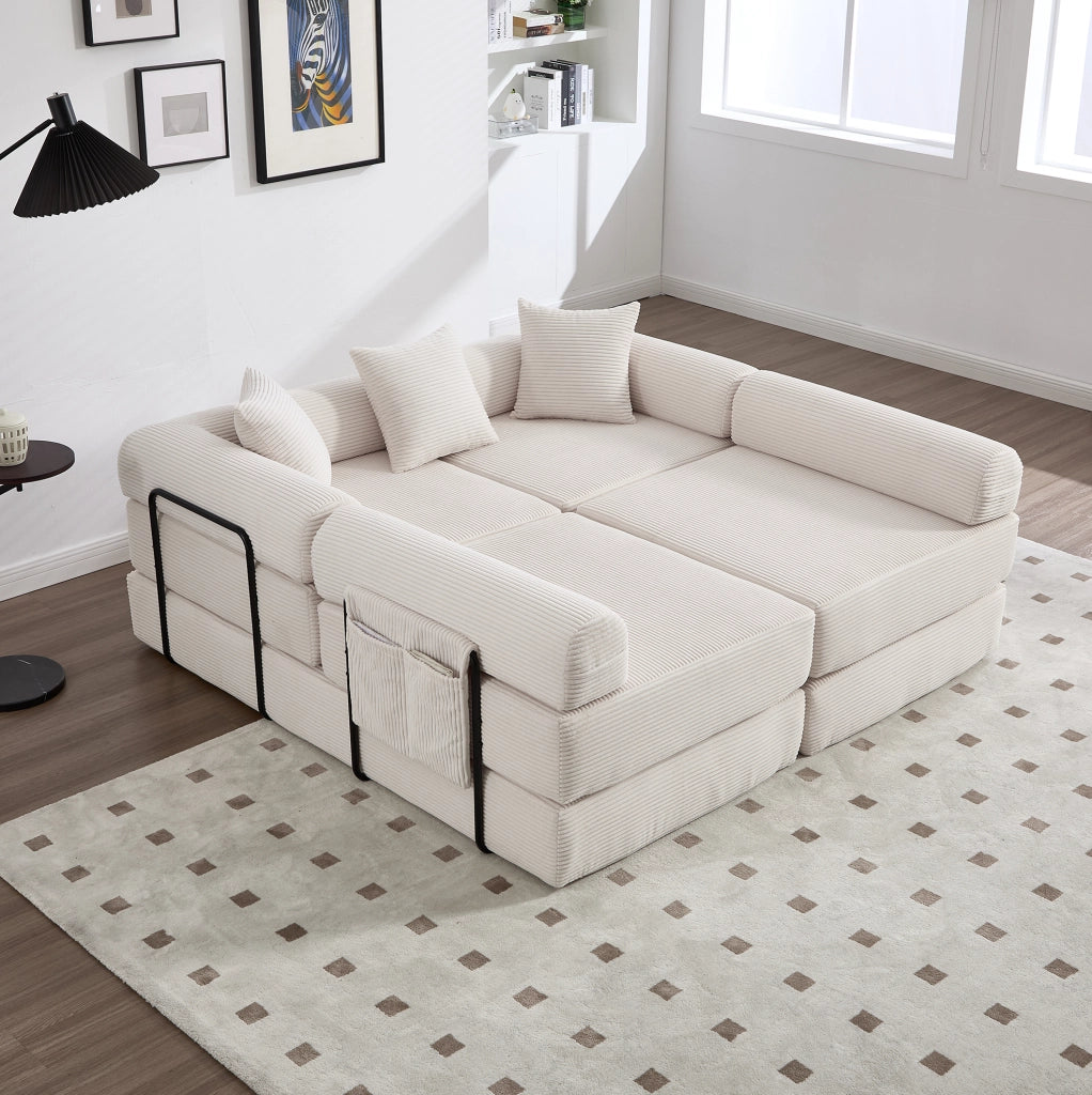 Divano modulare 270x180x64 cm con funzione letto e tasca laterale in corduroy beige