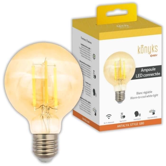 Lampadina connessa - KONYKS - Lampadina G80 stile Antalya E27 - Wifi + Bt - 7 W - Bianca orientabile - Compatibile con Alexa / Google Home