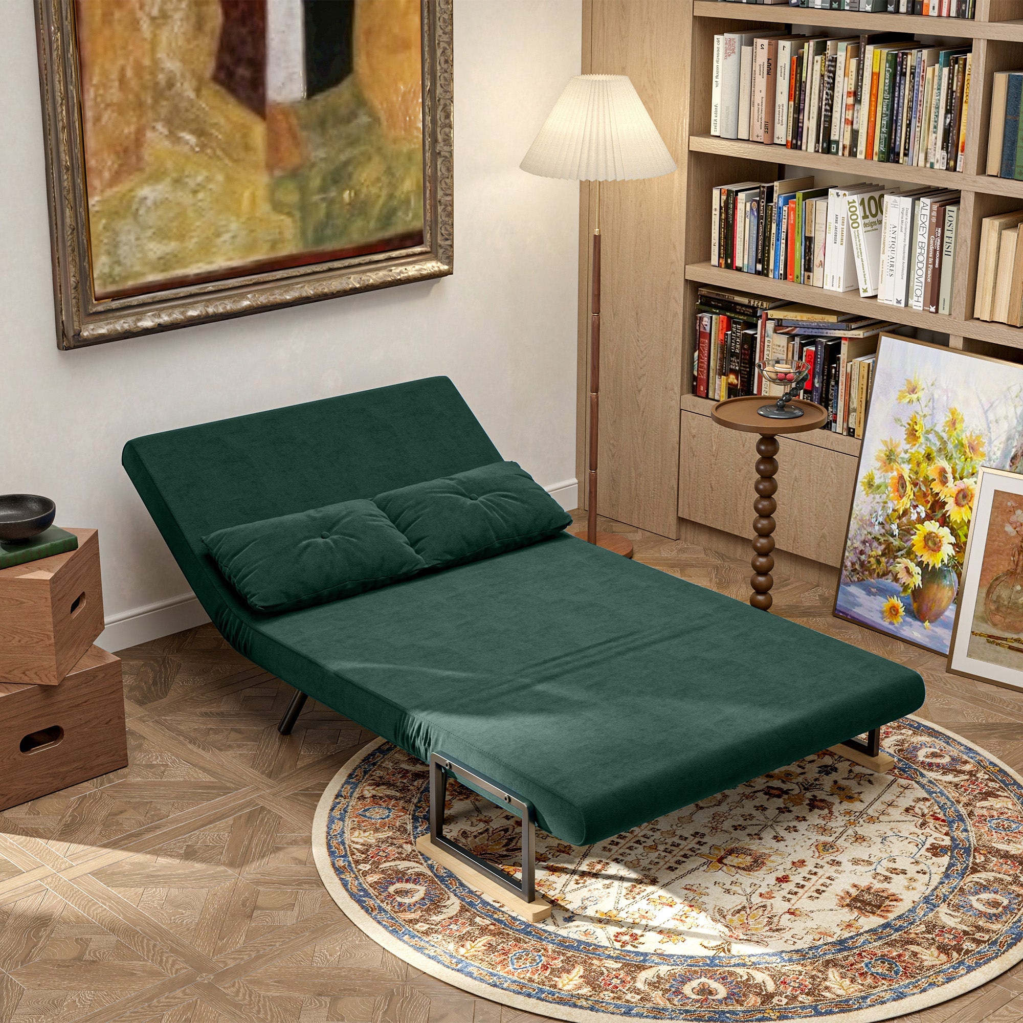 Divano Letto Singolo con Schienale Regolabile 102x73x81 cm in Tessuto Effetto Velluto Verde