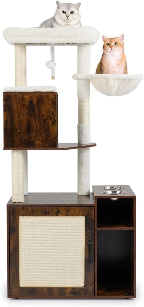 Mobiletto per Lettiera per Gatti, Tiragraffi per Gatti con Posto Graffio in Sisal e Tappetino, Pallina Pendenti, Toilette Nascosta e 2 Ciotole per Cibo, Mobili Moderni per Gattini (Marrone)