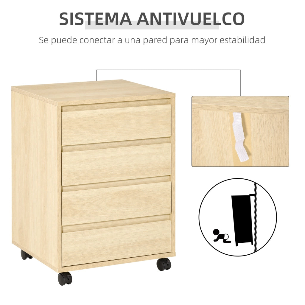 Cassettiera per Ufficio con 4 Cassetti e Ruote ¨C Zephmum ¨C Legno Naturale 46x40x65 cm