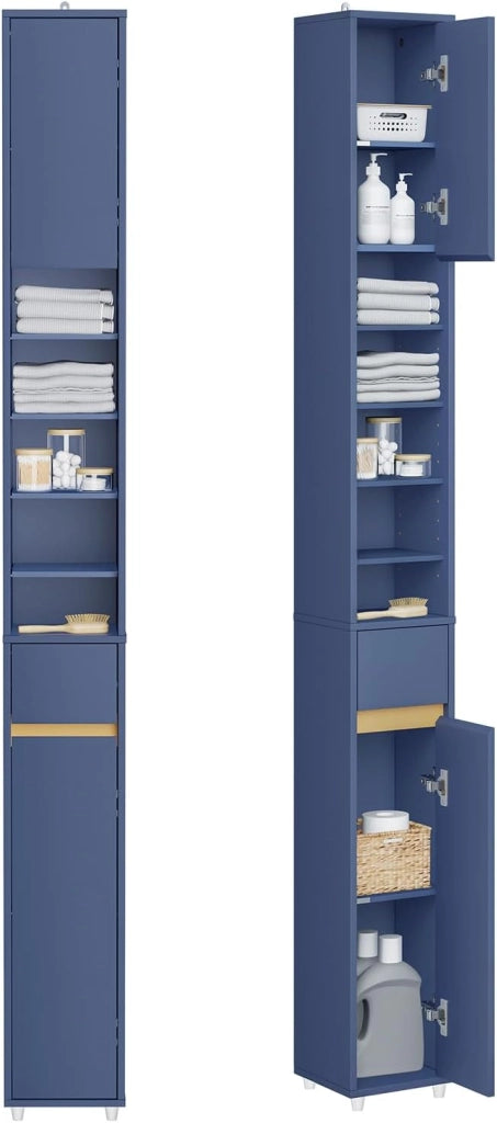 Mobile Bagno Alto e Stretto, Mobiletto Bagno Salvaspazio Mobiletto a Colonna da Terra con Ripiani Regolabili e Cassetto Armadietto per WC e Lavanderia 20×20×180 cm Bianco BZR34-II-W