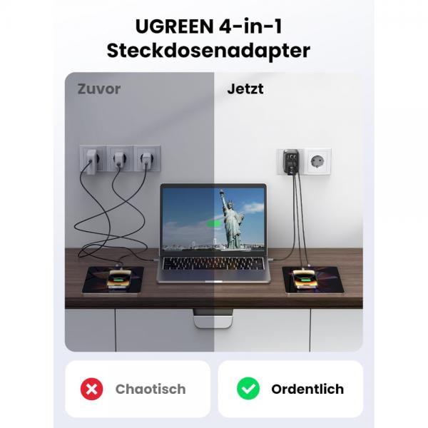 UGREEN Caricatore USB da muro 30W Diginest- GaN- 1x Type-C- 2xUSB3- 1x Schuko- Black