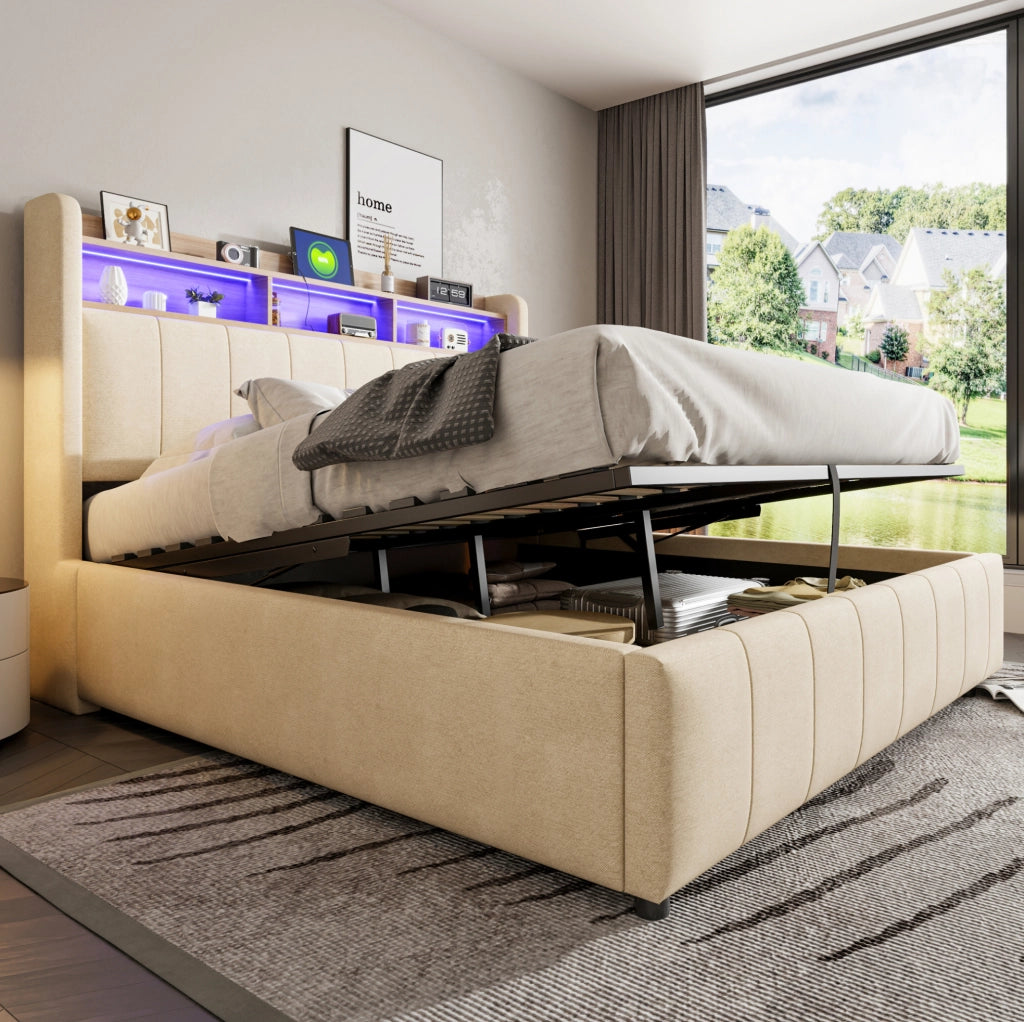 Letto matrimoniale imbottito 160x200 cm in tessuto effetto lino beige con LED; USB e contenitore