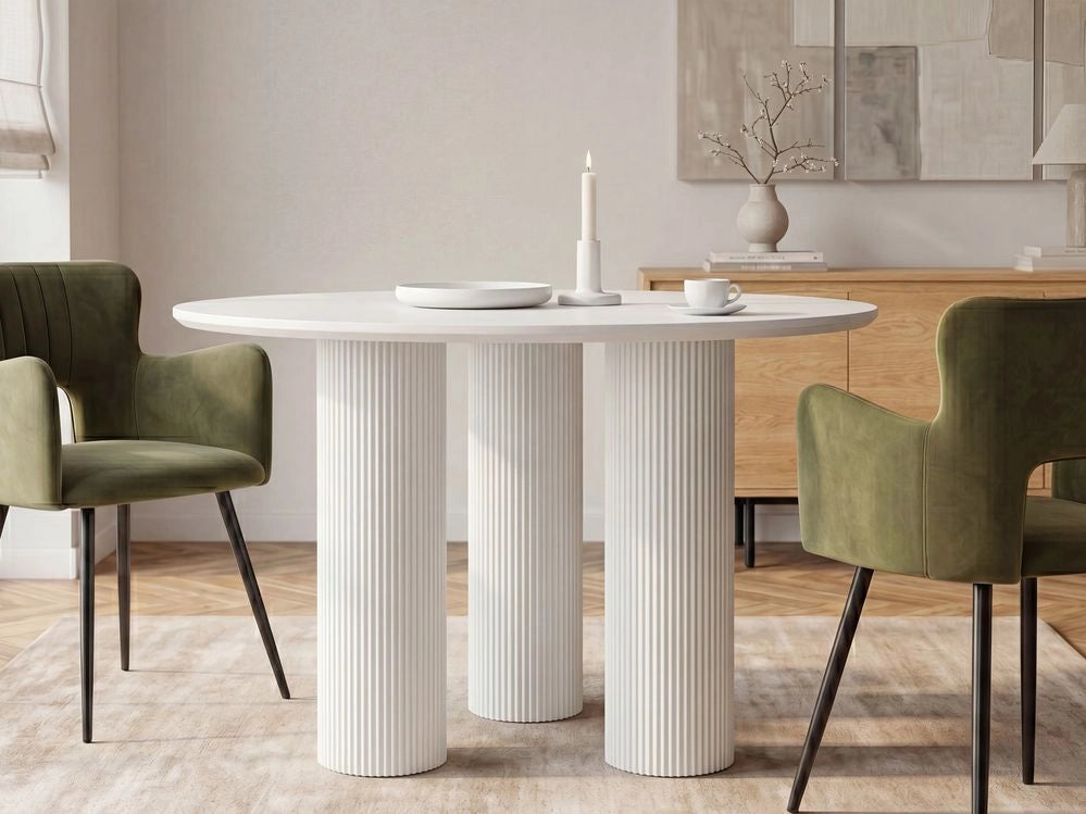 Tavolo da pranzo rotondo con gambe a colonna scanalate e a costine design minimalista MDF 120 cm bianco design minimalista
