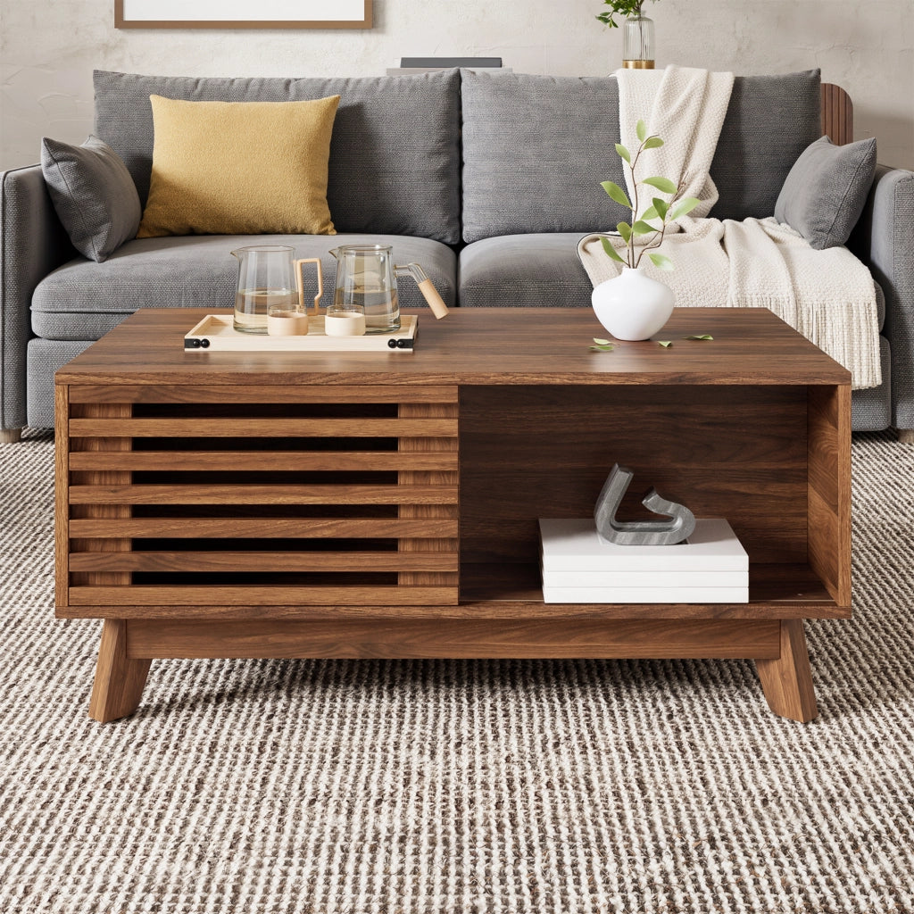 Tavolino basso con piano sollevabile e porta a persiana scorrevole per soggiorno in MDF noce 90 × 55 × 57,5 cm