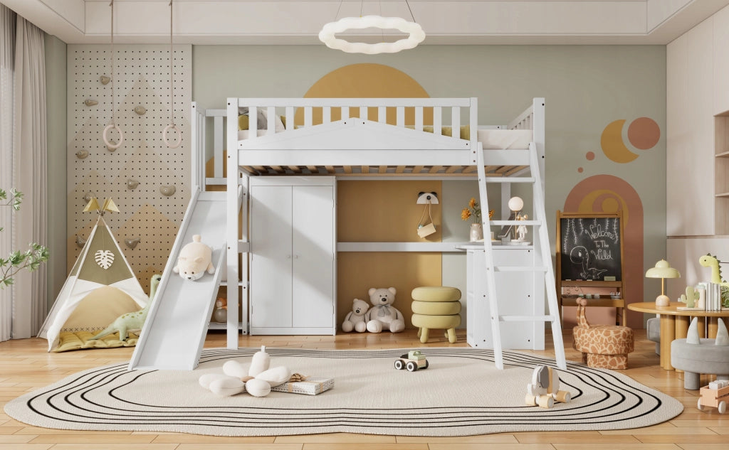 Letto a castello 90x200 - Xylo - Bianco con armadio e appendiabiti