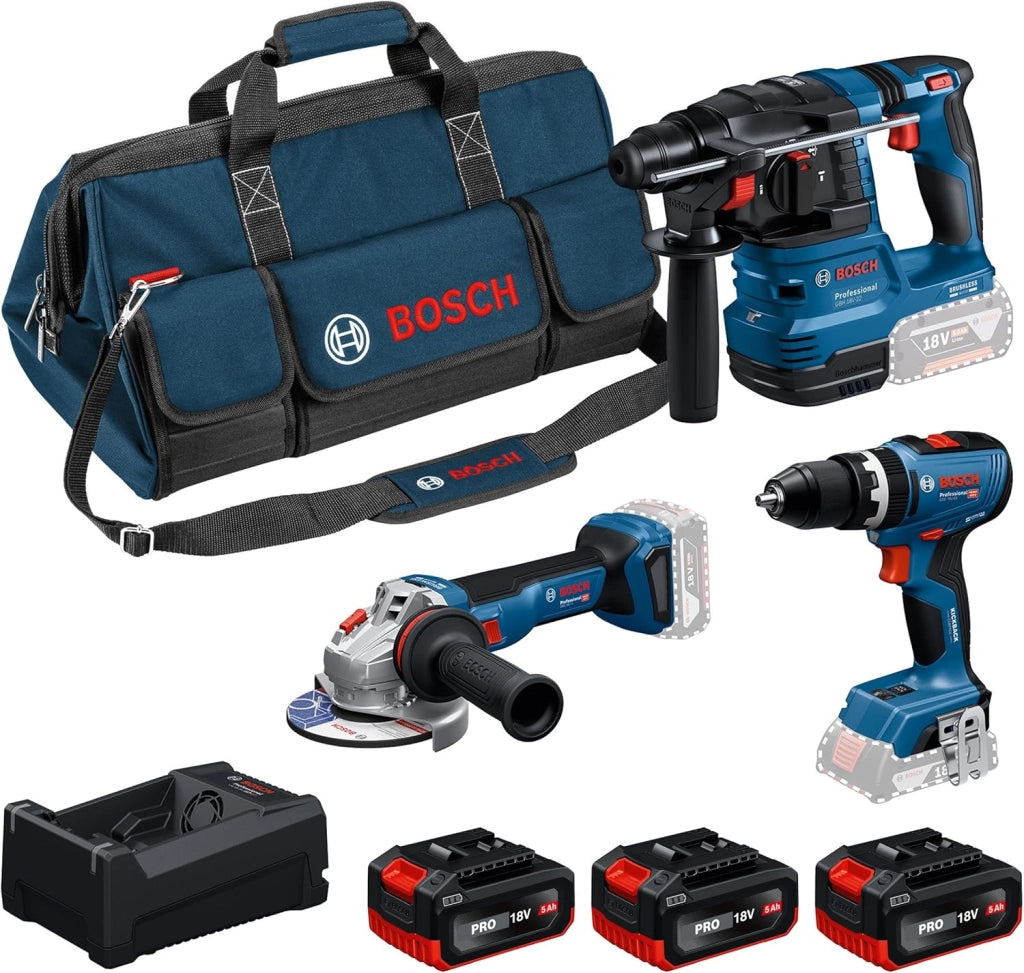 Bosch PRO 18V System Combo Kit: GSB 18V-65, GBH 18V-22, GWS 18V-11, 3 batterie GBA 5.0Ah, GAL 12V/18V-80, M-BAG