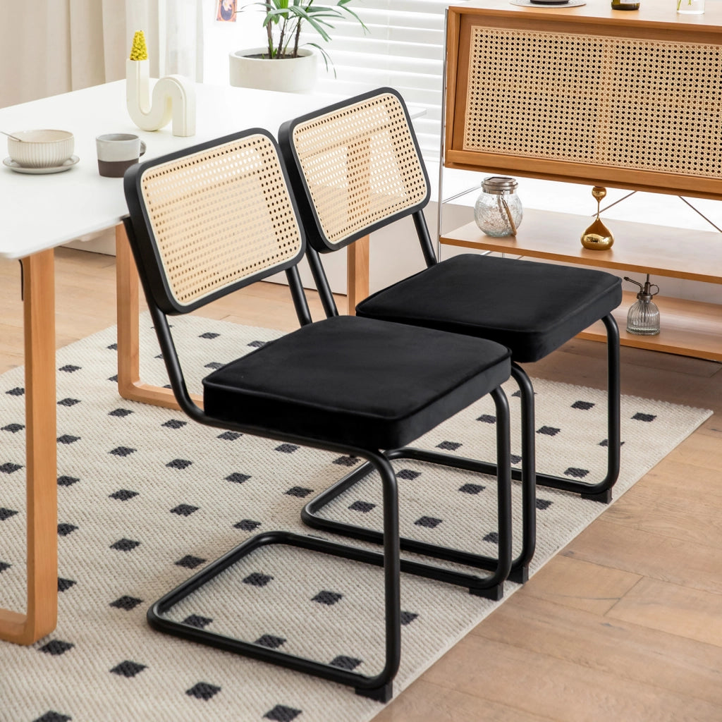 Sedia da pranzo set da 2 - Sedia in velluto e rattan con gambe cromate – Design Mid-Century Modern ispirato a Breuer – Sedia imbottita ideale per soggiorno, cucina e altri ambienti