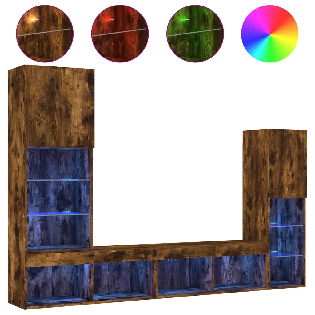 Mobili TV a Muro con LED 4pz Rovere Fumo in Legno Multistrato