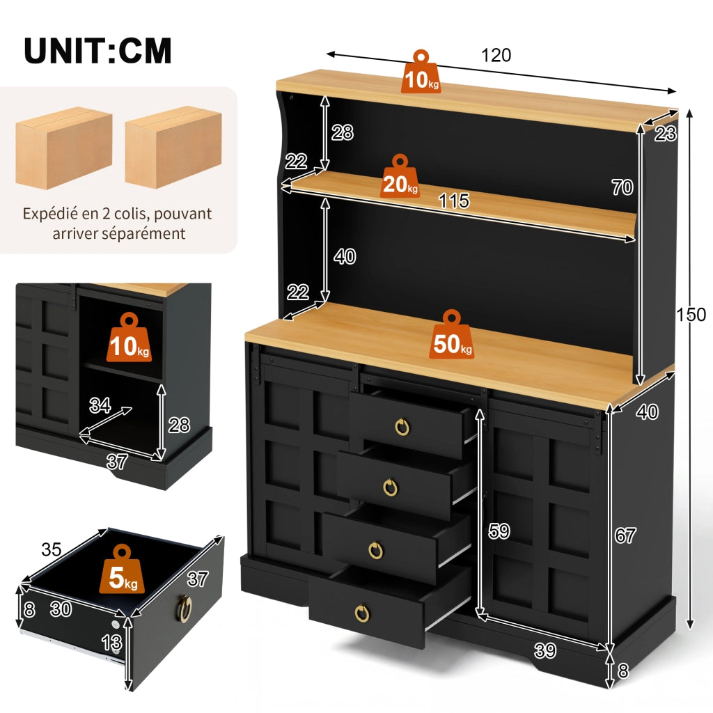 Mobile da cucina alto con LED RGB, prese USB, 4 cassetti e ante scorrevoli, 120x40x150 cm