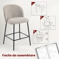 Set 2 Sgabelli da Bar con Schienale e Poggiapiedi, Rivestimento in Tessuto e Gambe in Acciaio, Grigio