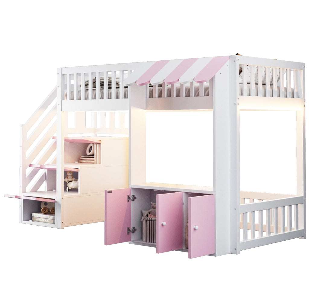 Letto a soppalco 90x200 cm rosa con scala contenitore e LED