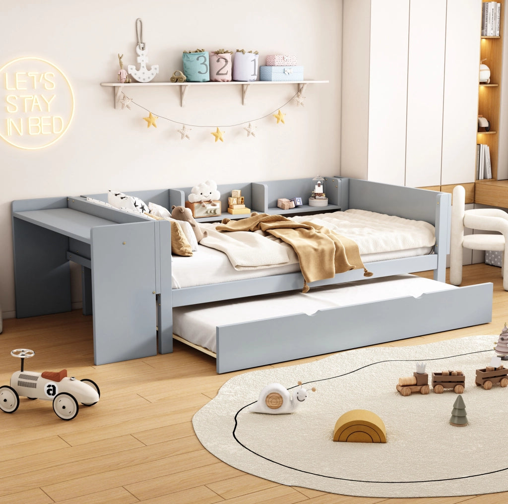 Letto singolo bambini 90x200 grigio con letto estraibile e scrivania