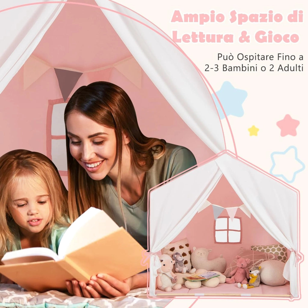 Tenda da Gioco per Bambini, Tenda per Bambini con Finestre Tappetino Lavabile in Cotone e Bandiera, Castello da Gioco per Bambini 3 Anni + (Rosa)