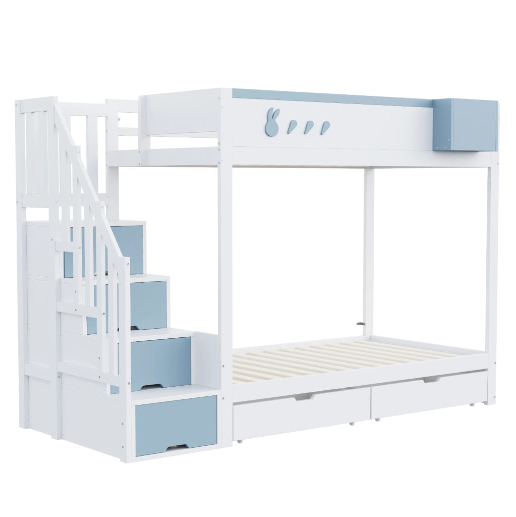 Letto a castello 90x200 cm con cassetti; scaffale removibile e sponde; bianco/blu