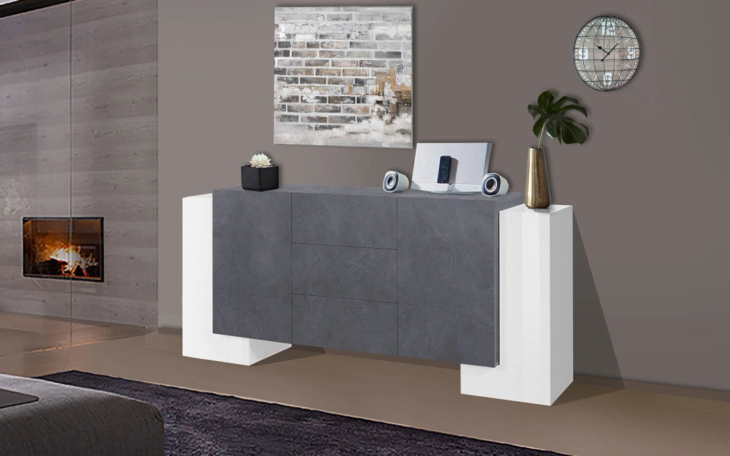 Credenza con 4 Ante e 3 Cassetti 210x45x85 cm Pillon Side 4A 3C Bianco Lucido/Report Grigio