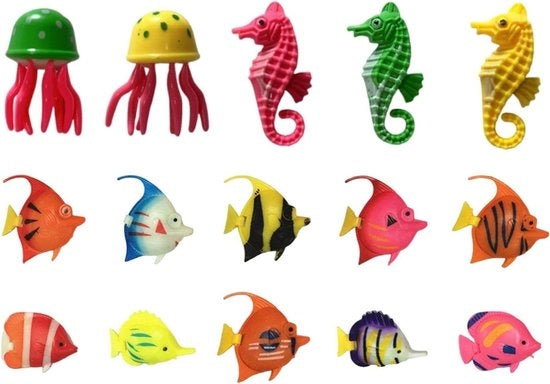 10 piccoli pesci, 3 delfini e 2 calamari - Modelli di animali artificiali per l'architettura di paesaggio acquatico - Decorazioni per vasche.